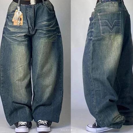 Jean tendance streetwear brodé de têtes de mort pour femme, style Harajuku Y2K, pantalon droit à jambes larges, style Joker, jean décontracté pour couple