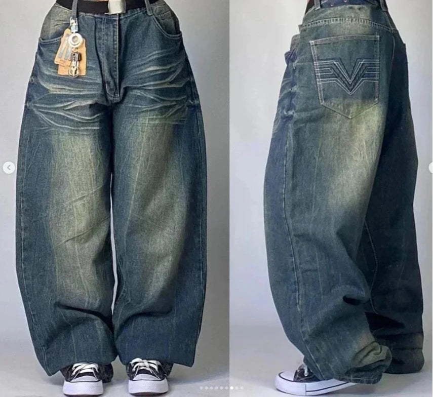 Jean tendance streetwear brodé de têtes de mort pour femme, style Harajuku Y2K, pantalon droit à jambes larges, style Joker, jean décontracté pour couple