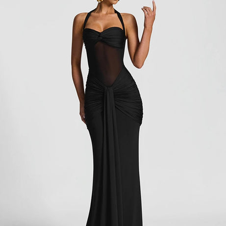 Robe maxi élégante patchwork pour femme, style classique et sexy, avec rubans transparents, dos nu et bretelles fines, coupe moulante, tendance festival et soirée.