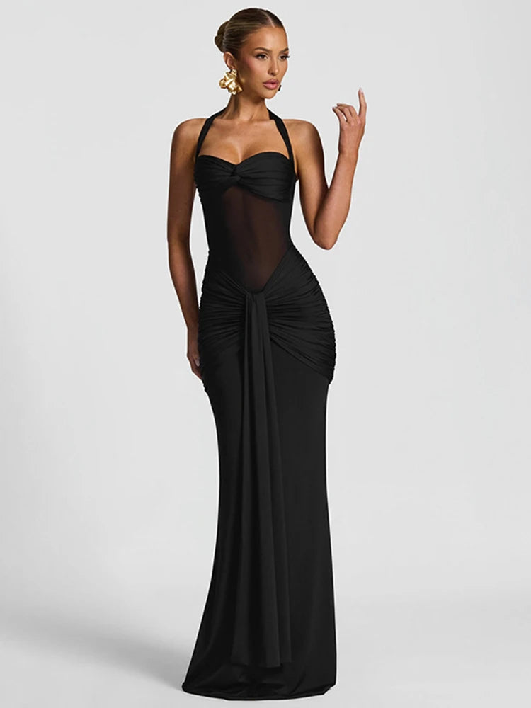Robe maxi élégante patchwork pour femme, style classique et sexy, avec rubans transparents, dos nu et bretelles fines, coupe moulante, tendance festival et soirée.