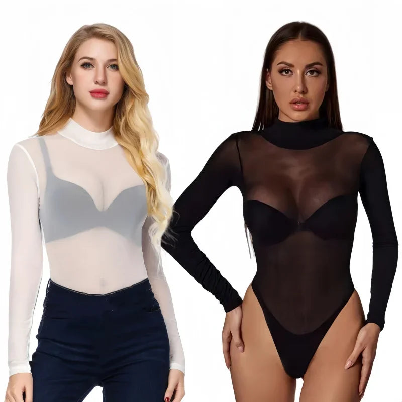 Combinaisons moulantes noires à manches longues pour femmes, grandes tailles, bodys transparents, hauts sexy pour femmes, style streetwear de club