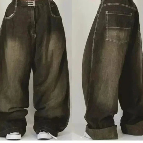 Jean tendance streetwear brodé de têtes de mort pour femme, style Harajuku Y2K, pantalon droit à jambes larges, style Joker, jean décontracté pour couple