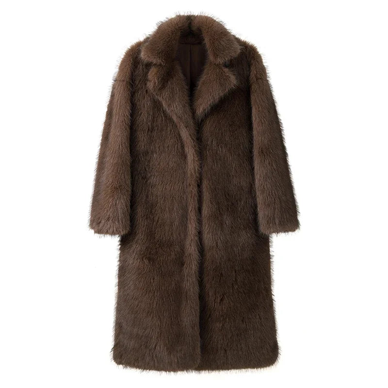 Manteau long en fausse fourrure de renard Neo Mint Vintage Luxury pour femme, collection hiver 2024, chaud et moelleux, style streetwear.