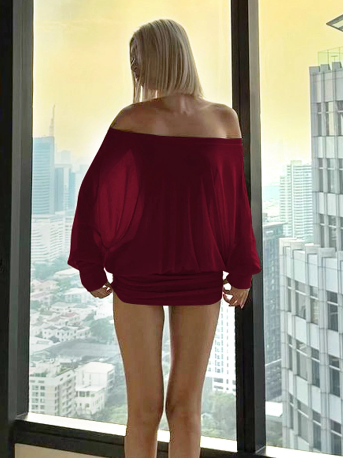 Robe mini Dulzura à épaules dénudées et manches longues, ornée de patchwork froncé, pour femme, tenue sexy, élégante et décontractée idéale pour les soirées et les clubs, printemps-été.