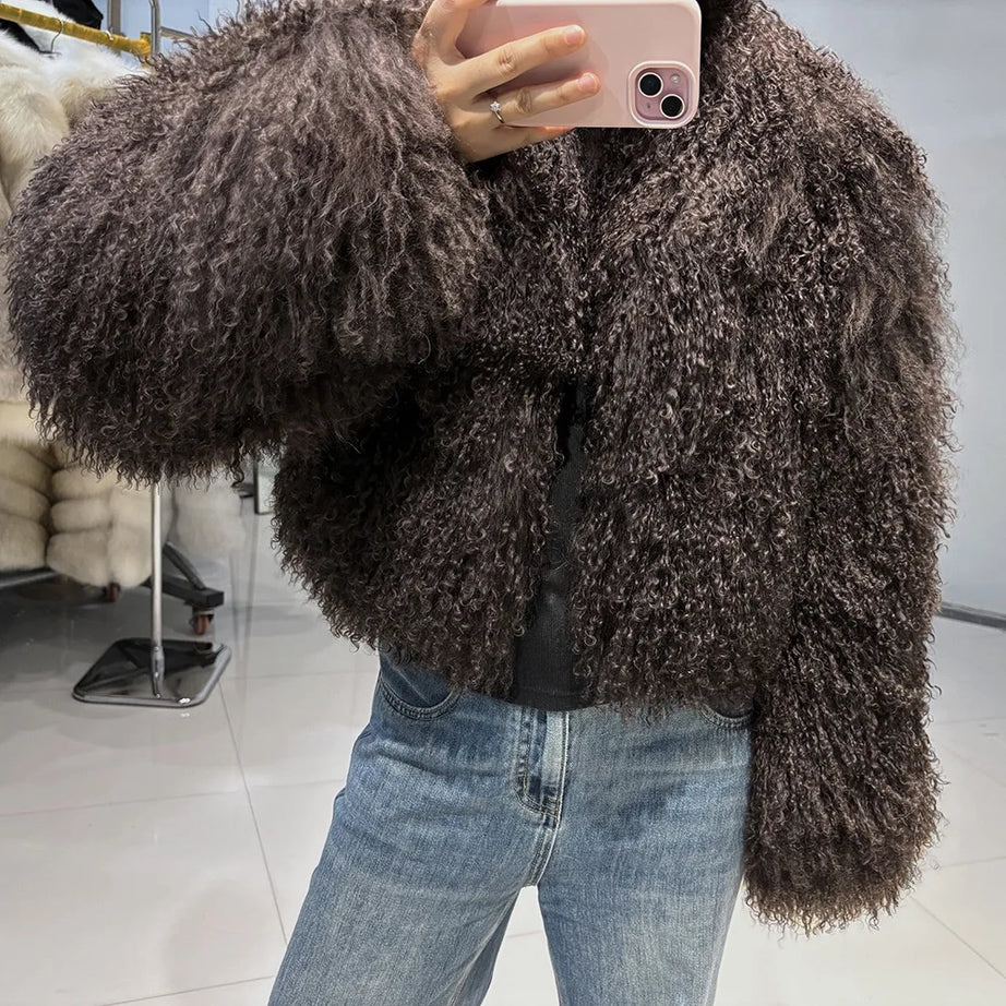 Manteau court en véritable fourrure de mouton de Mongolie, manches longues, pour femme.