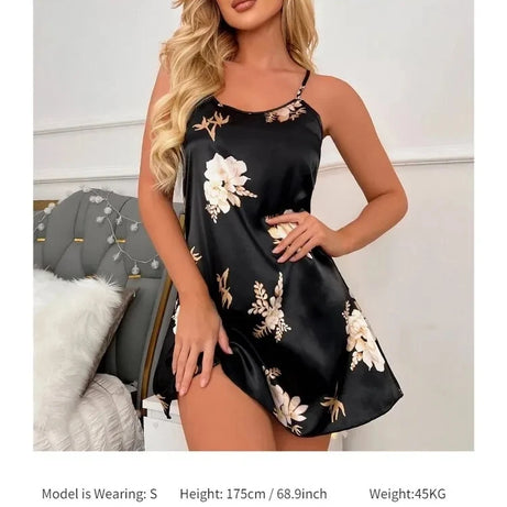 Vêtements de nuit pour femmes, vêtements d'intérieur, nuisette sexy noire à imprimé floral, chemises de nuit en soie, chemises de nuit pour femmes