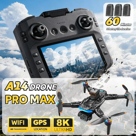Véritable quadricoptère RC pliable A14 Pro Max GPS Brushless 8K avec trois caméras, détection d'obstacles et écran, pour une portée optimale.