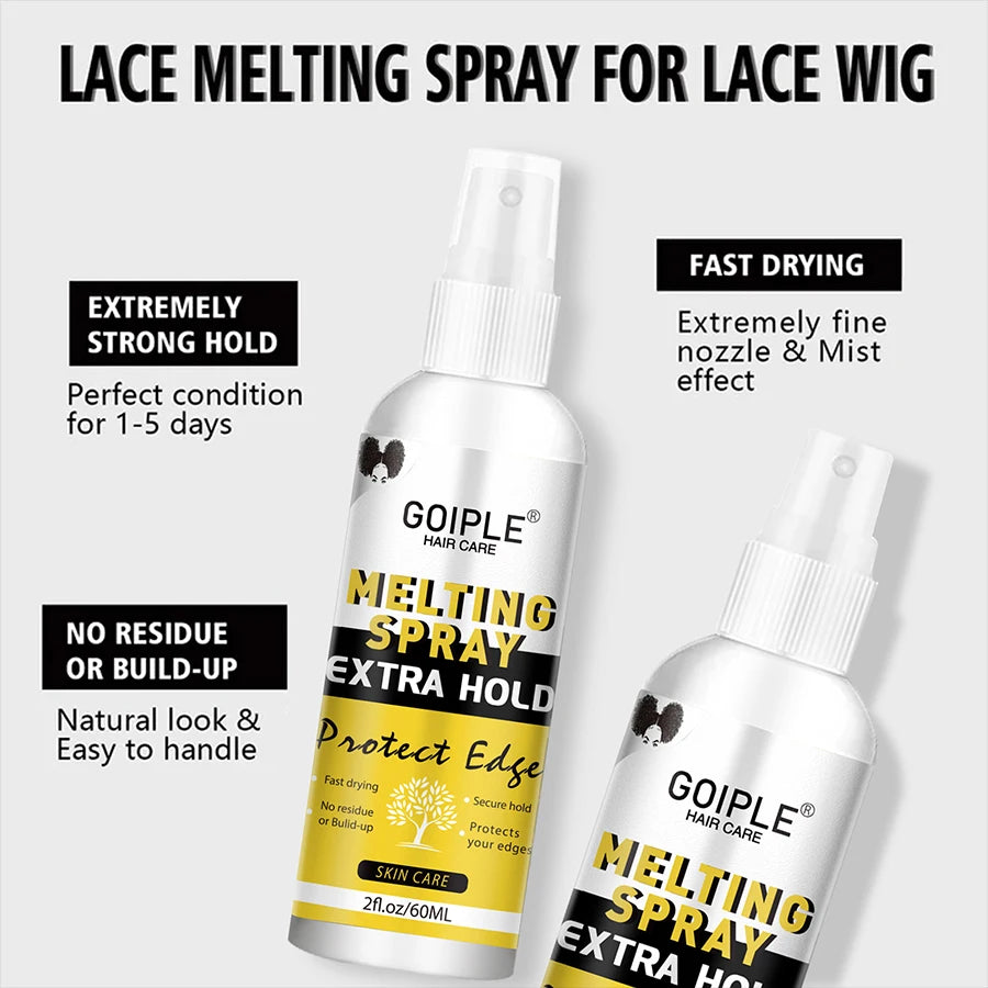 Spray fondant à séchage rapide, imperméable et puissant, dissolvant pour colle à perruque, cire lissante en bâtonnet, gel ou outil pour contrôler les frisottis et la ligne des cheveux.