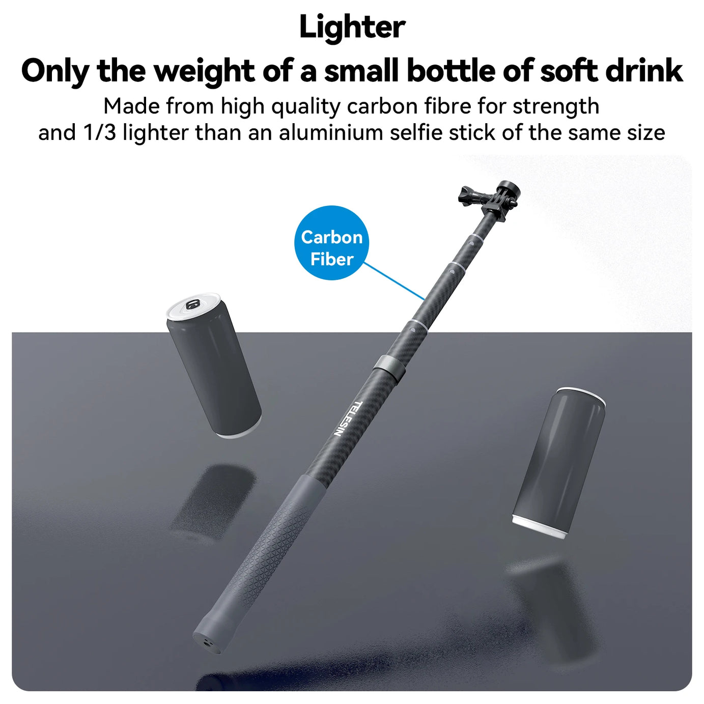 Perche à selfie monopode extensible TELESIN en fibre de carbone de 1,2 m x 3 m, avec vis 1/4", compatible avec les caméras d'action GoPro, Insta360, Osmo Action et DJI.