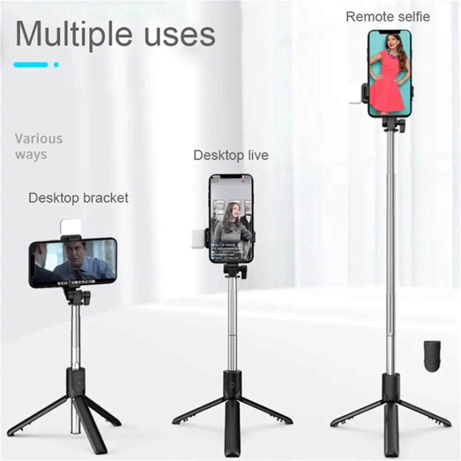 Perche à selfie sans fil avec support de téléphone, mini trépied multifonctionnel rétractable de 74 cm, lampe selfie LED et déclencheur à distance Bluetooth.