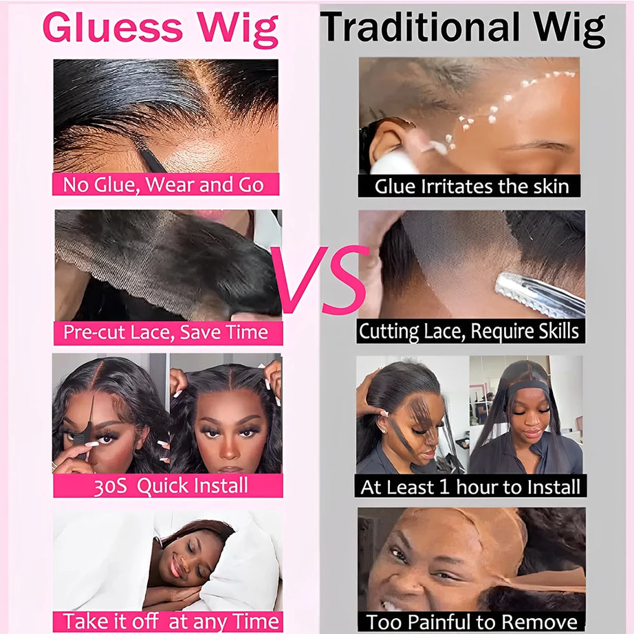 Perruque sans colle, densité 250, cheveux humains pré-épilés, ondulés, avec lace front pour femmes, fermeture en dentelle prédécoupée 4x4.