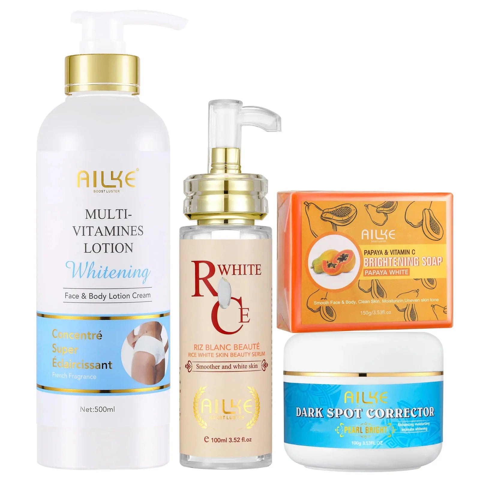 Kit de soins éclaircissants multivitaminés naturels AILKE : hydrate, unifie le teint, atténue les taches brunes et blanches, nettoie et lisse la peau.