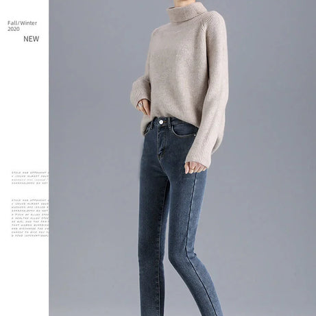 Jean d'hiver épais doublé polaire pour femme, amincissant, chaud et élastique, coupe crayon