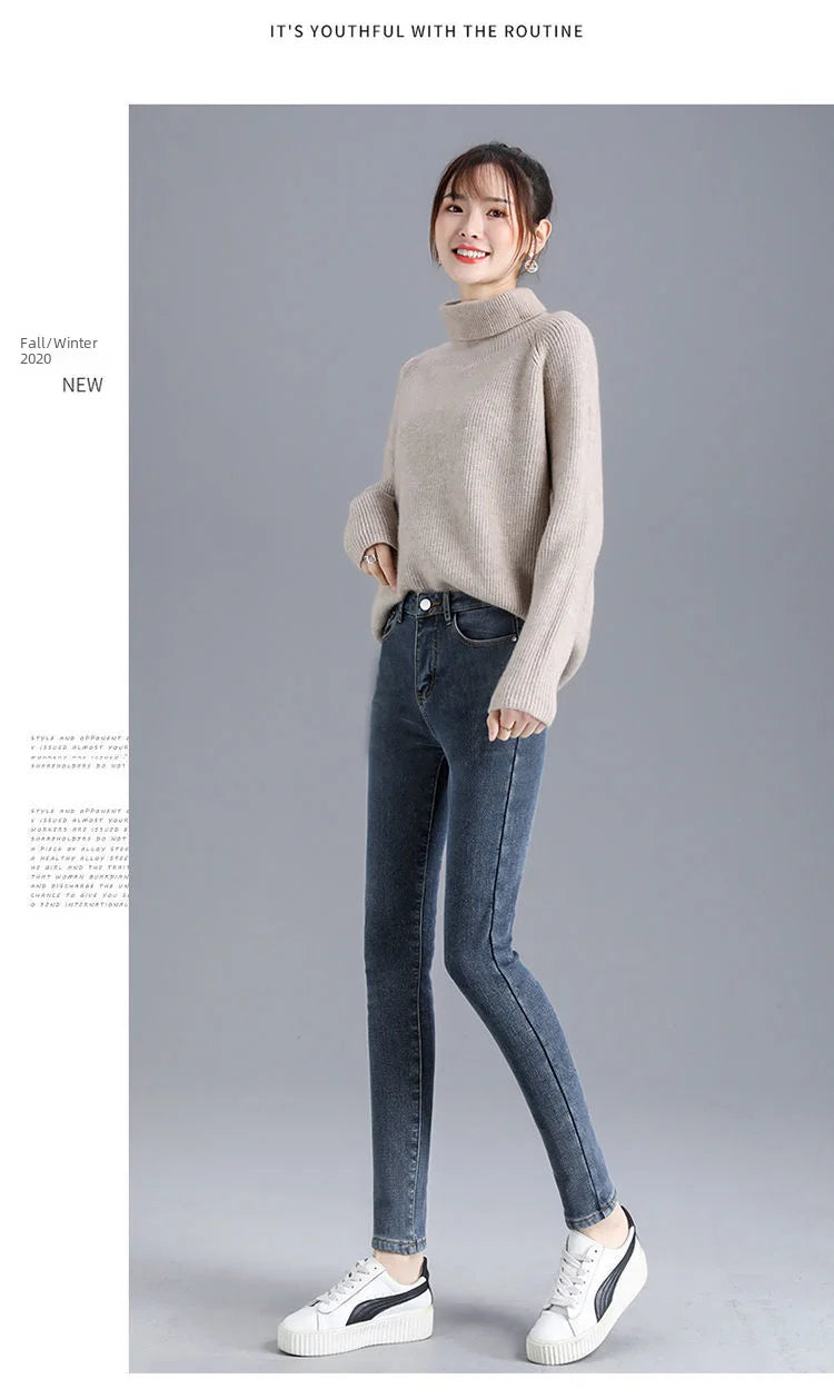 Jean d'hiver épais doublé polaire pour femme, amincissant, chaud et élastique, coupe crayon