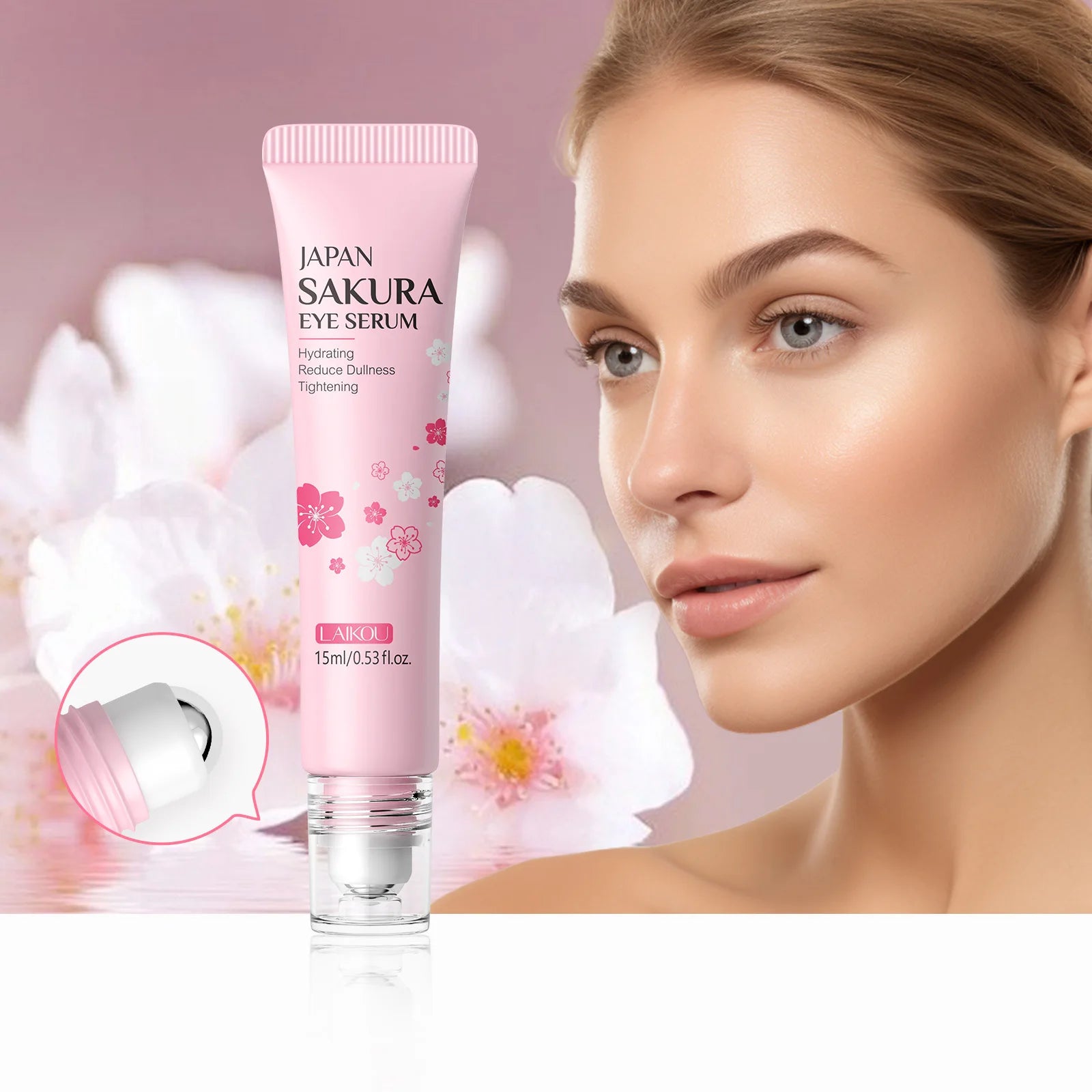 LAIKOU Sakura Eye Serum Roller Massage con ácido hialurónico para el cuidado de la piel, bolsas en los ojos, crema hidratante para ojeras 15 ml