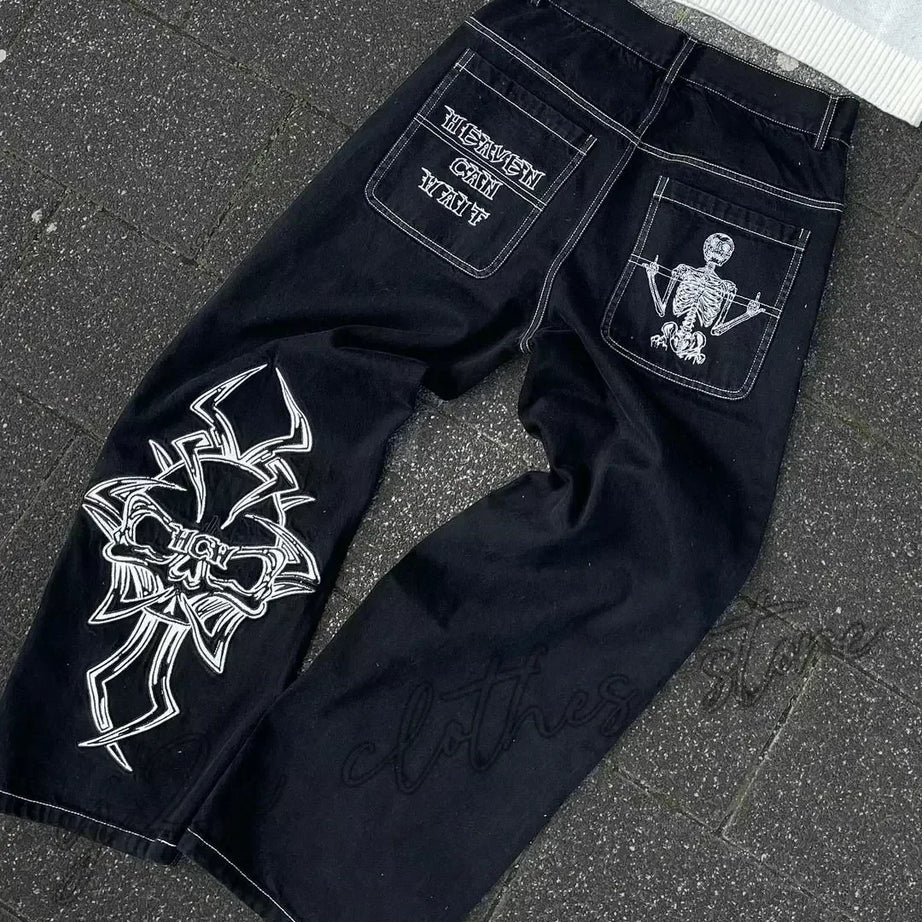 Jean tendance streetwear brodé de têtes de mort pour femme, style Harajuku Y2K, pantalon droit à jambes larges, style Joker, jean décontracté pour couple