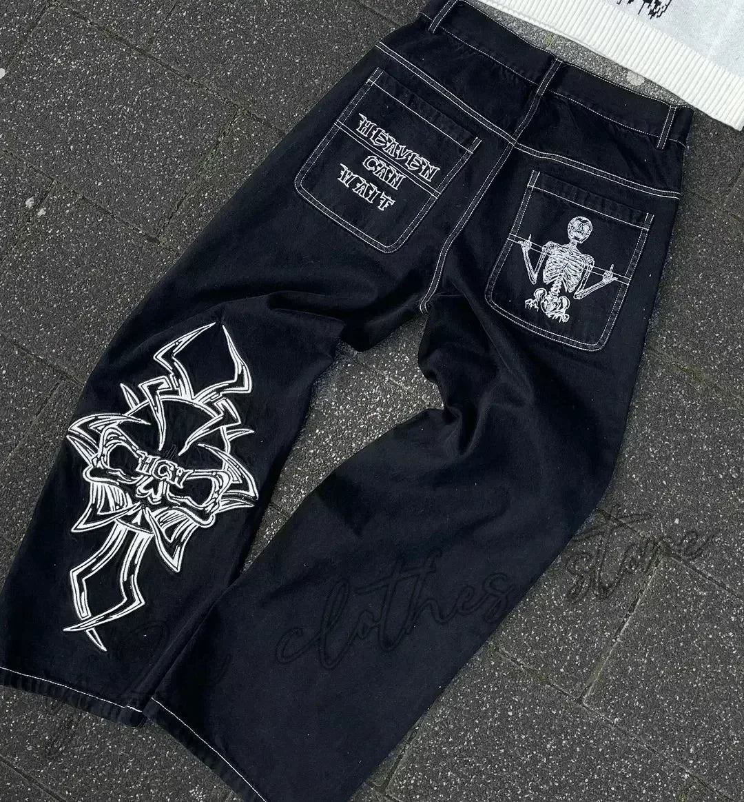 Jean tendance streetwear brodé de têtes de mort pour femme, style Harajuku Y2K, pantalon droit à jambes larges, style Joker, jean décontracté pour couple