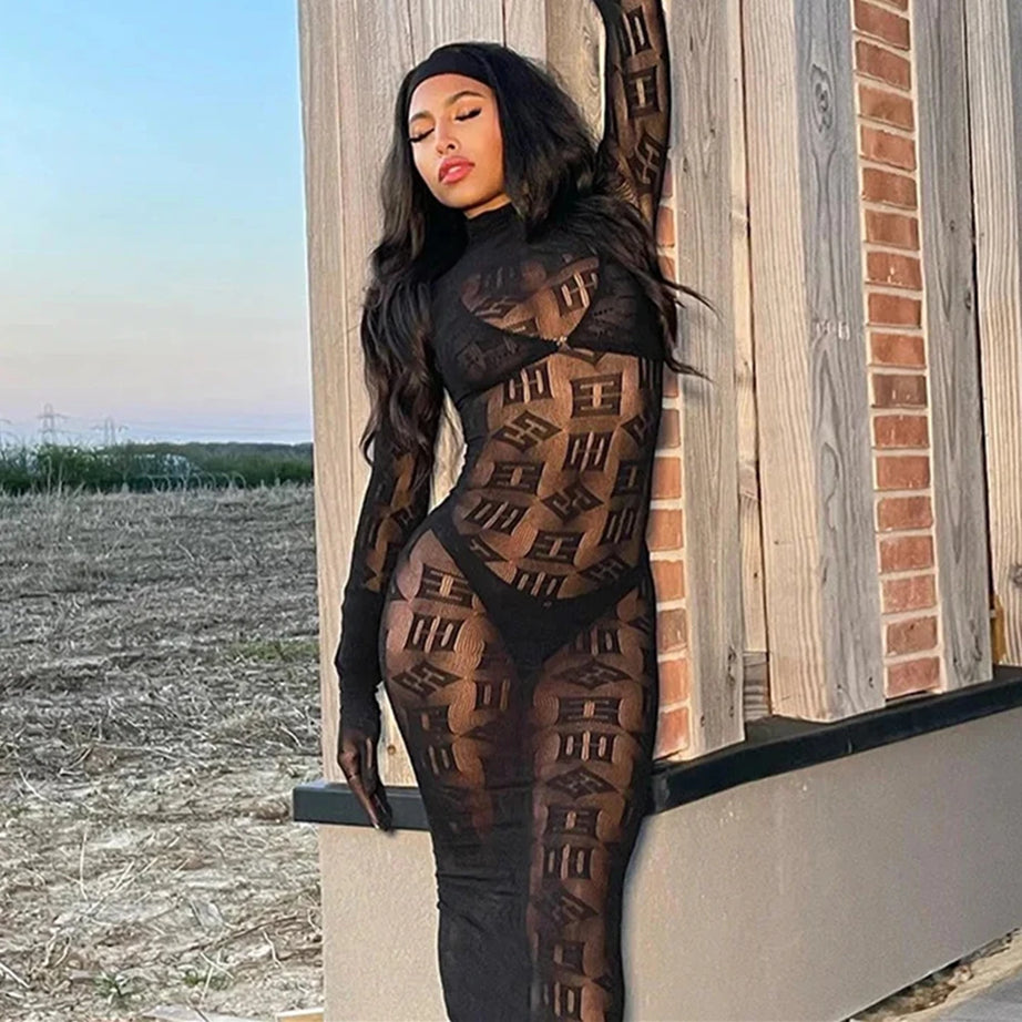 High Elasticity Fashion Hip Wrap Skirt Quality Female Nightdress Mesh Transparent Bodycon Dress Ladies Sex Hollow Tight Lingerie