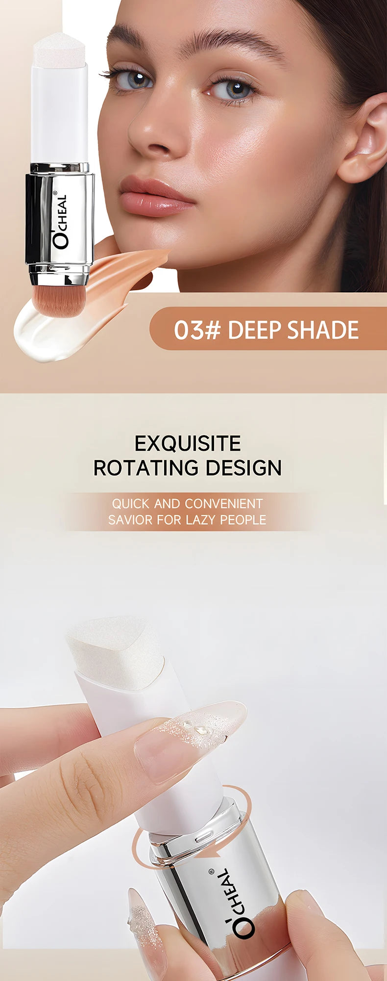 Fond de teint stick thermosensible O'CHEAL, couvrance du visage, imperfections et pores, double embout, fini mat.