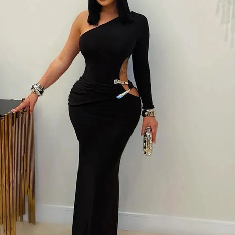 Beyprern Beautiful One Sleeve Cut-Out Metal Tirm Long Maxi Dress For Women Glam Solid Color Slim Party Dress Christmas Outfits