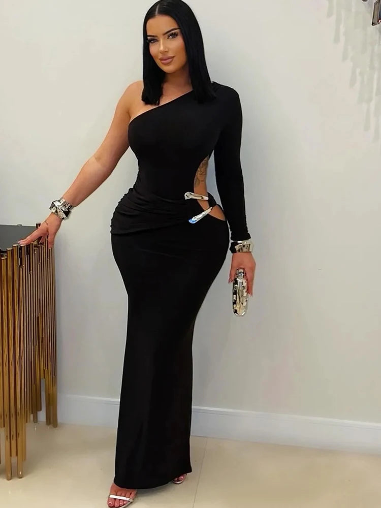Beyprern Magnifique robe longue maxi asymétrique à découpe métallique pour femme, couleur unie glamour, coupe cintrée, idéale pour les fêtes et Noël
