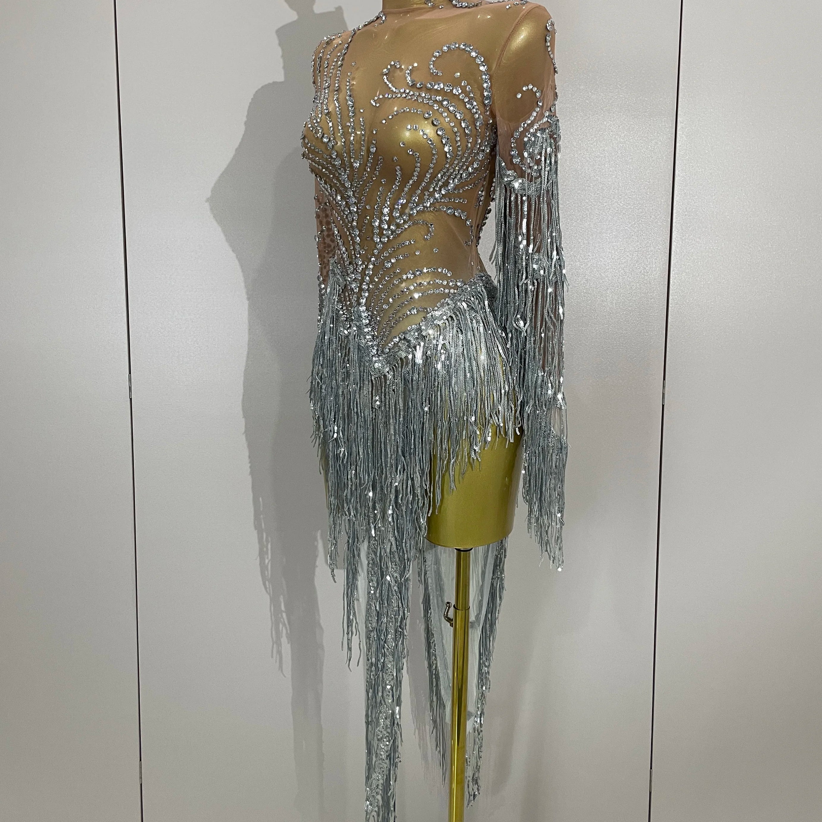 Women Sparkly Rhinestone Pearl Sequins Tassel Sexy Transparent Dress Evening Birthday Party Nightclub Dance Singer Stage Outfit