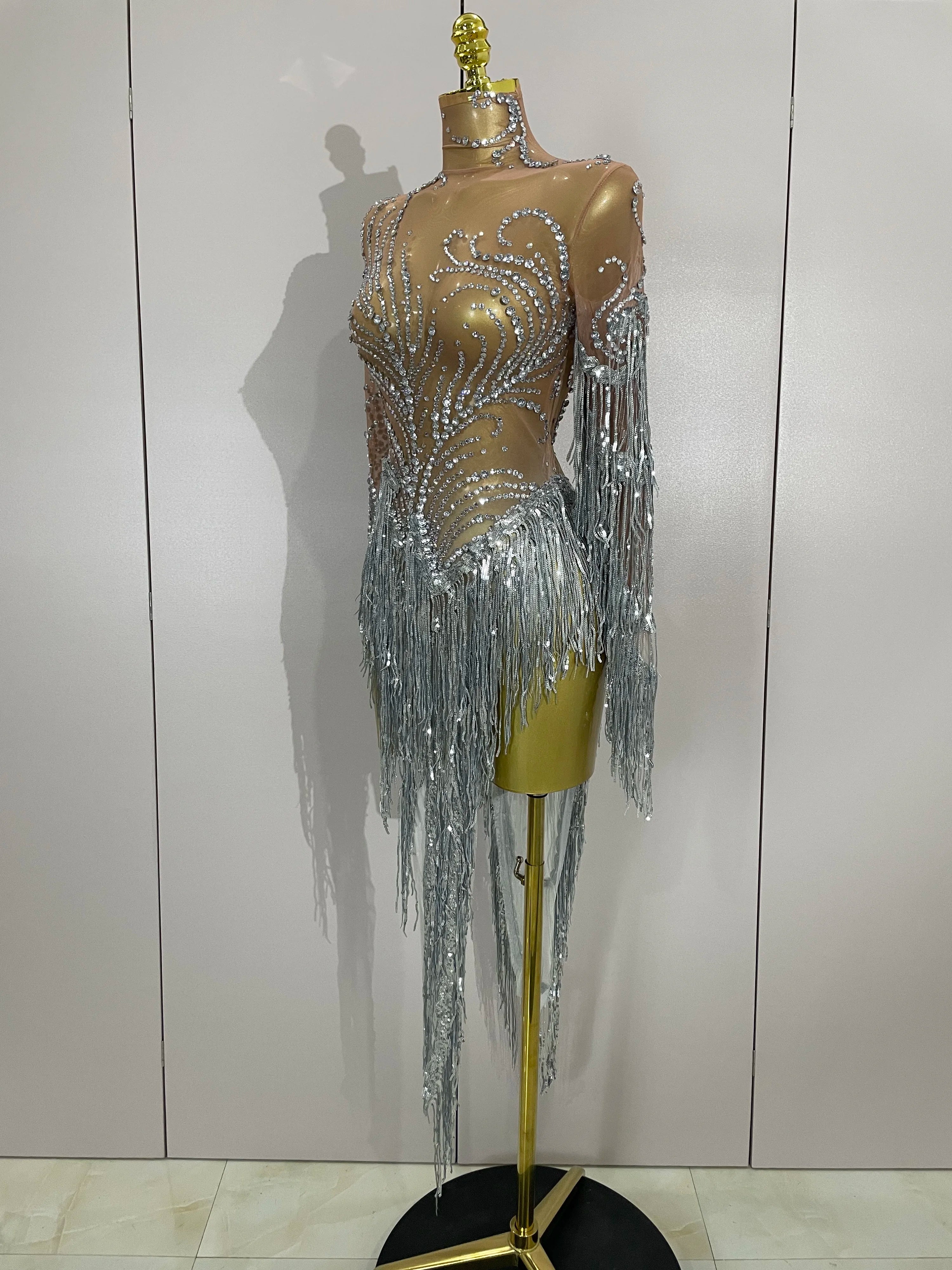 Women Sparkly Rhinestone Pearl Sequins Tassel Sexy Transparent Dress Evening Birthday Party Nightclub Dance Singer Stage Outfit