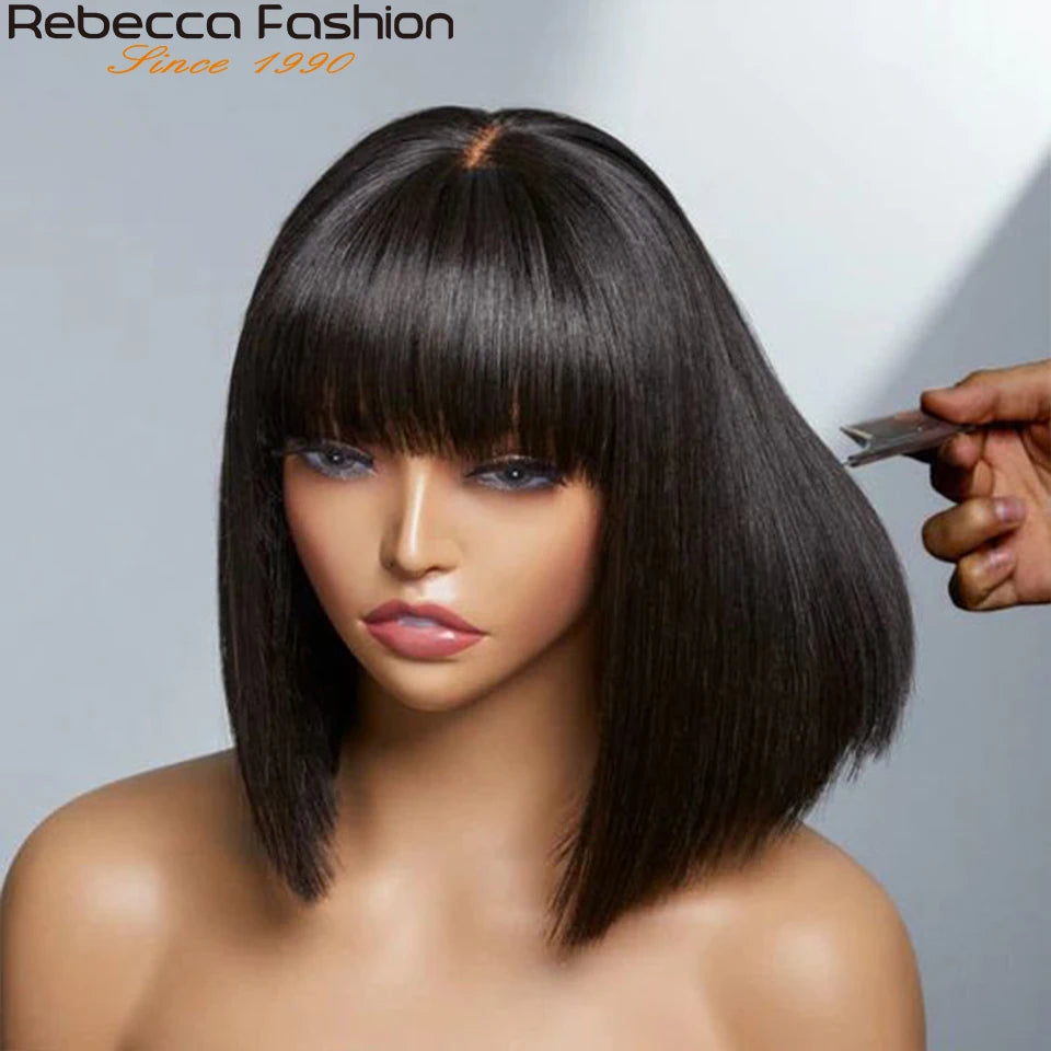 Perruques en cheveux humains lisses avec frange, raie au milieu, coupe au carré, style brésilien, effet cuir chevelu réaliste.