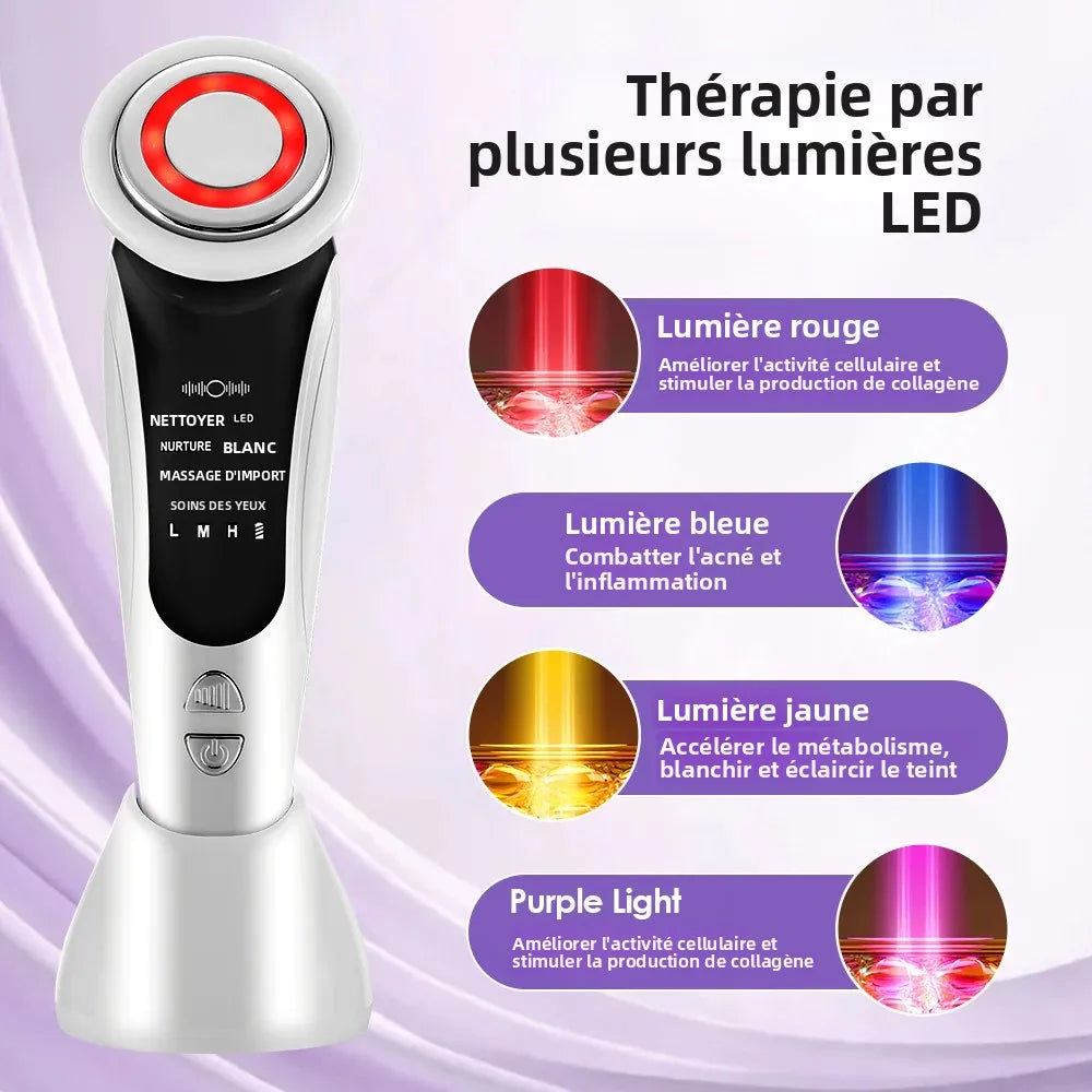 Appareil de massage facial EMS 7 en 1, instrument de beauté pour le visage avec vibrations induites, compresses chaudes et thérapie par la lumière LED.