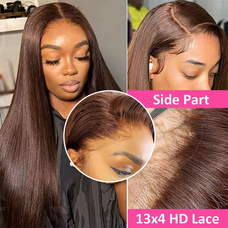 Perruque Lace Front HD Chocolat Brun Os Lisse 13x4 13x6, 38 pouces, Cheveux Humains Pré-épilés, Couleur #4