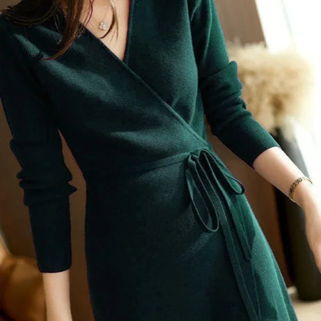 Pull d'automne-hiver pour femme, robe cache-cœur à col V, style coréen, jupe ample et élégante en maille