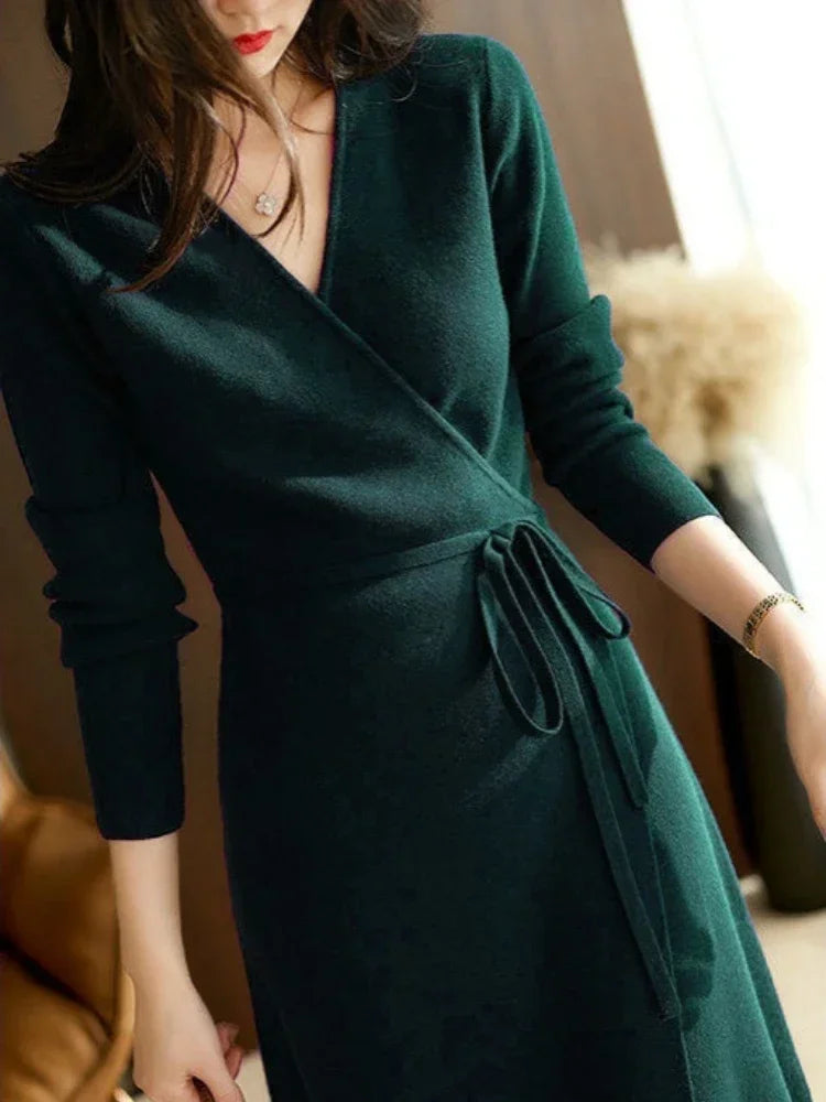 Pull d'automne-hiver pour femme, robe cache-cœur à col V, style coréen, jupe ample et élégante en maille