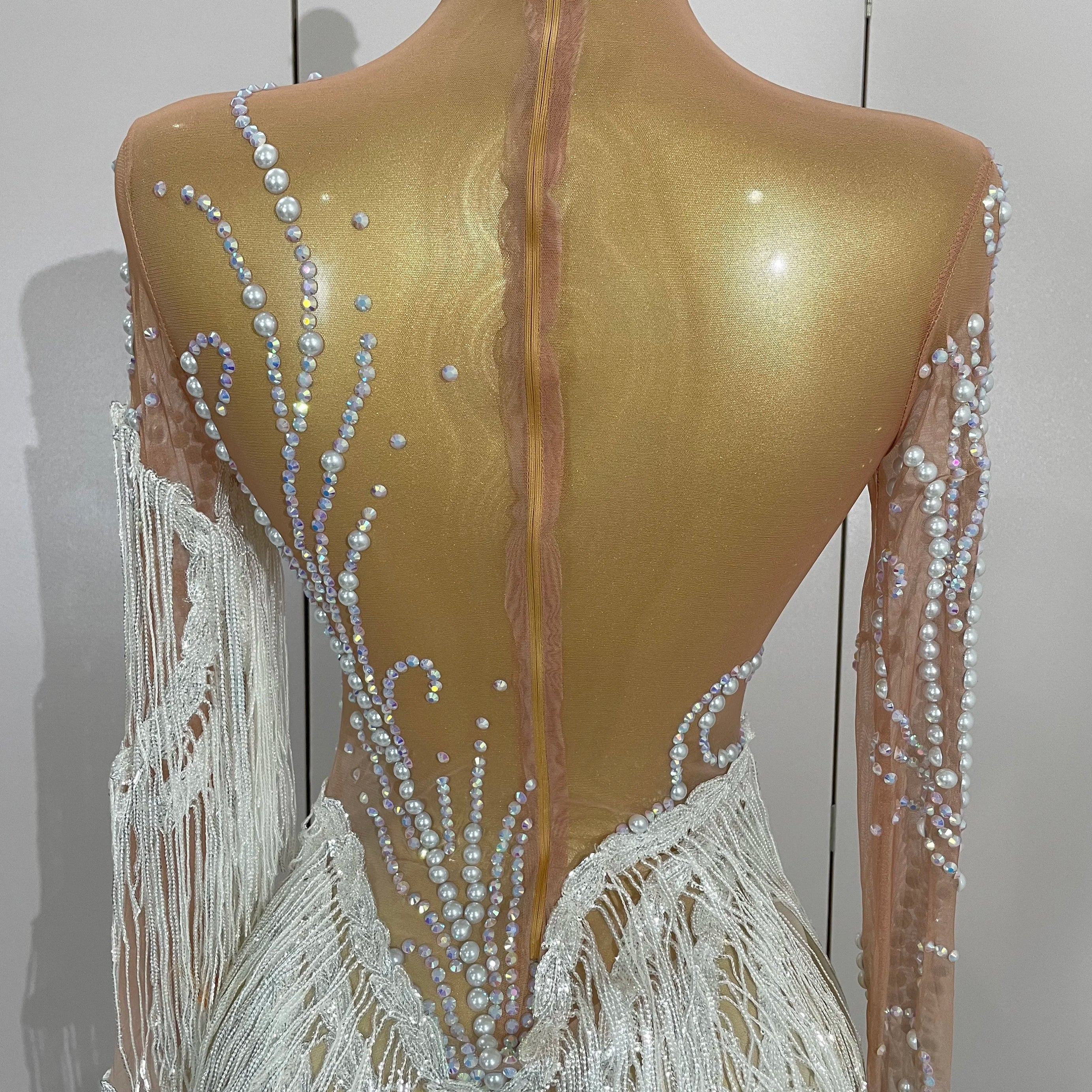 Women Sparkly Rhinestone Pearl Sequins Tassel Sexy Transparent Dress Evening Birthday Party Nightclub Dance Singer Stage Outfit