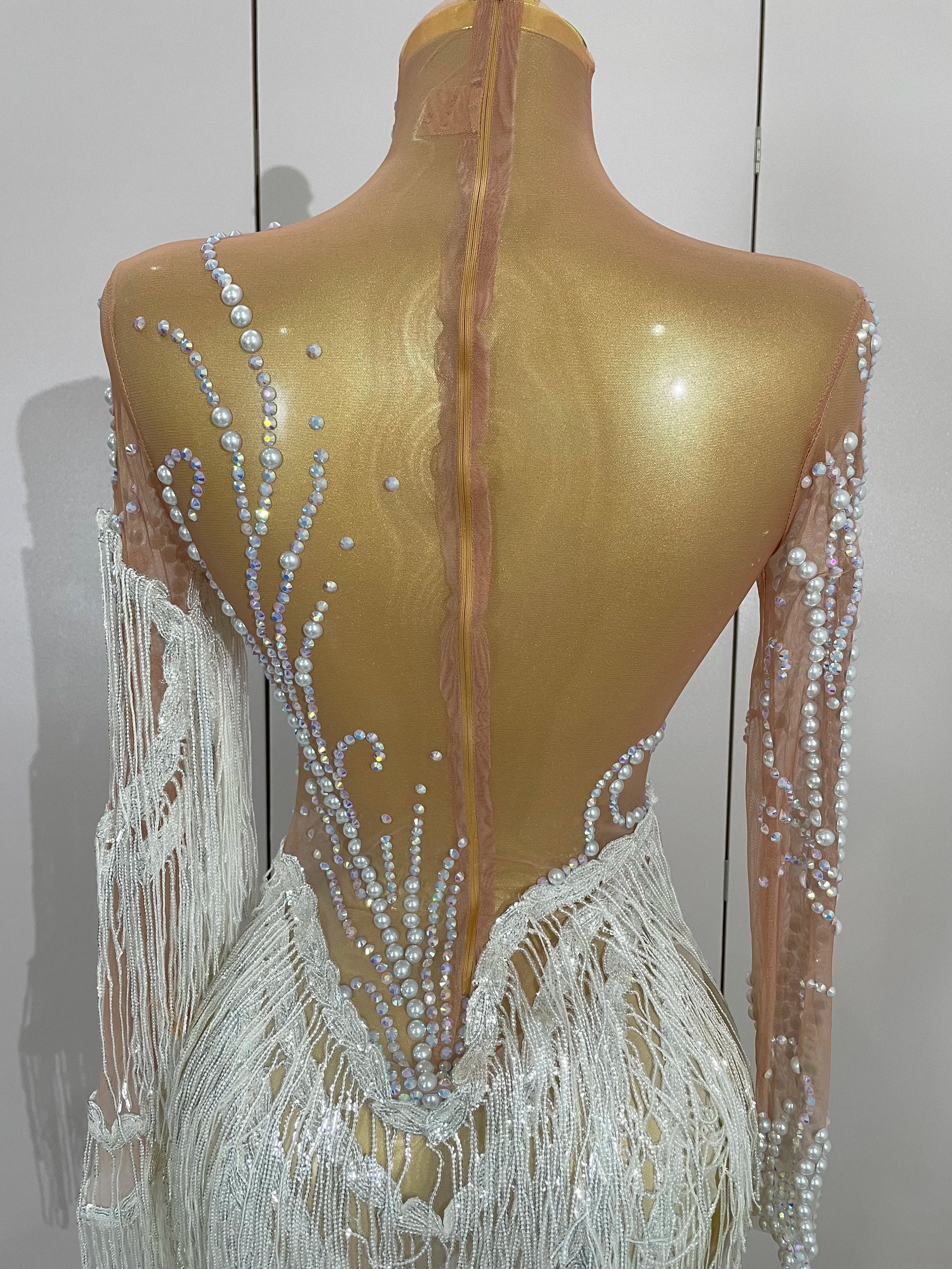 Women Sparkly Rhinestone Pearl Sequins Tassel Sexy Transparent Dress Evening Birthday Party Nightclub Dance Singer Stage Outfit