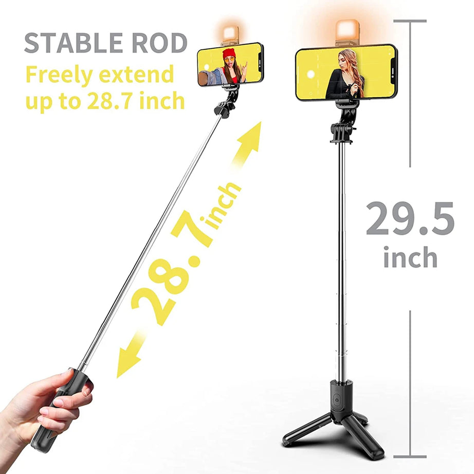 Perche à selfie sans fil Bluetooth avec trépied pliable et portable, éclairage d'appoint et télécommande pour smartphones Android et iPhone.