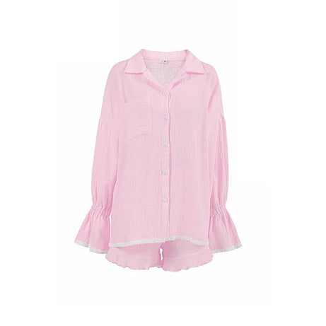 Ensemble pyjama en coton pour femme, automne, chemise à manches longues et short, ensemble 2 pièces, vêtements de nuit décontractés à volants.