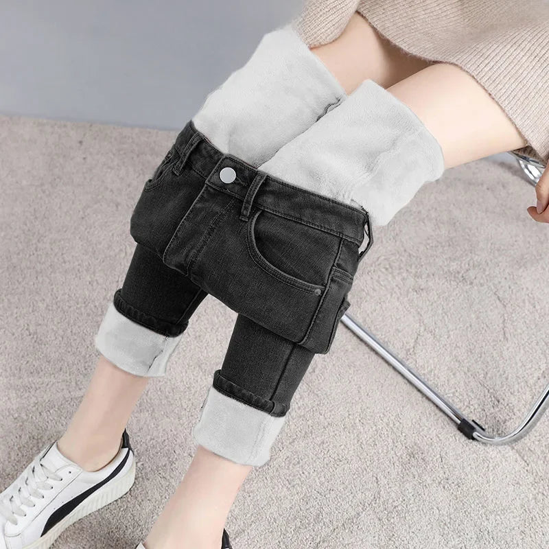 Pantalones vaqueros de invierno para mujer, gruesos, con forro polar, corte ajustado, cálidos y elásticos.