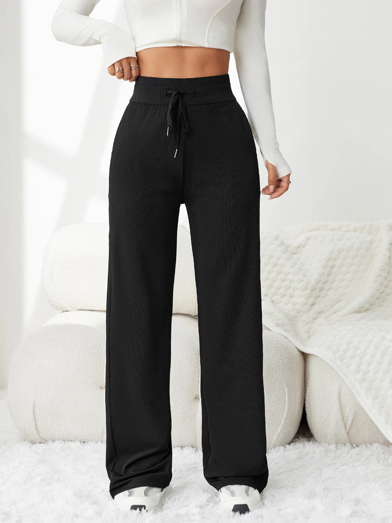 Pantalon rayé taille haute à cordon de serrage pour femme – Tissu drapé très extensible, coupe amincissante, idéal pour les loisirs et les trajets quotidiens
