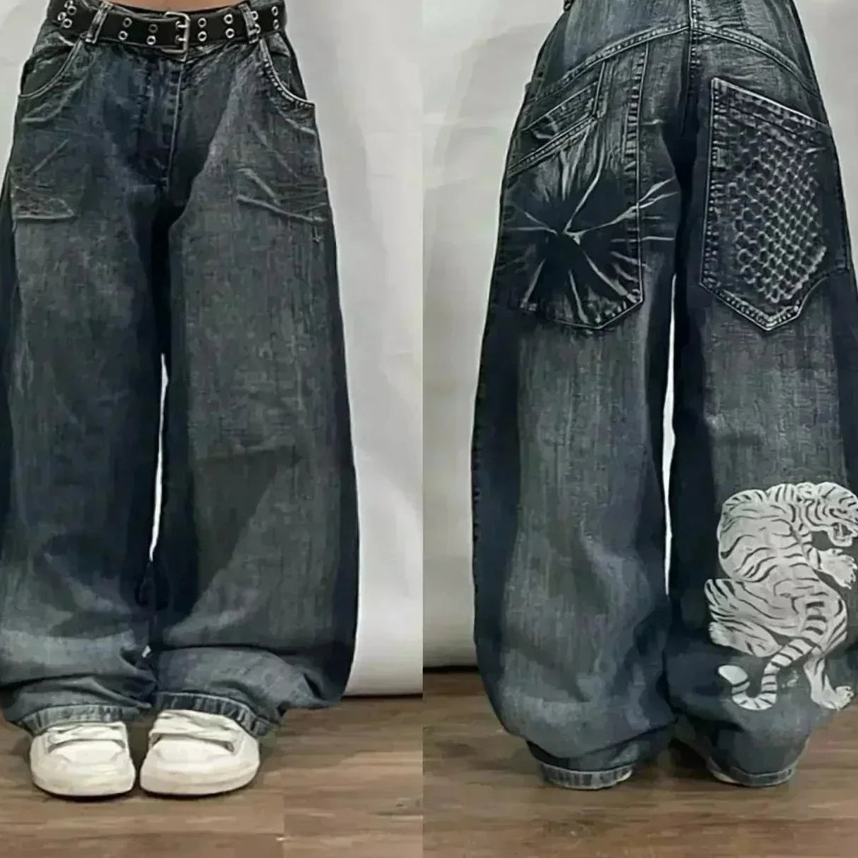 Jean tendance streetwear brodé de têtes de mort pour femme, style Harajuku Y2K, pantalon droit à jambes larges, style Joker, jean décontracté pour couple