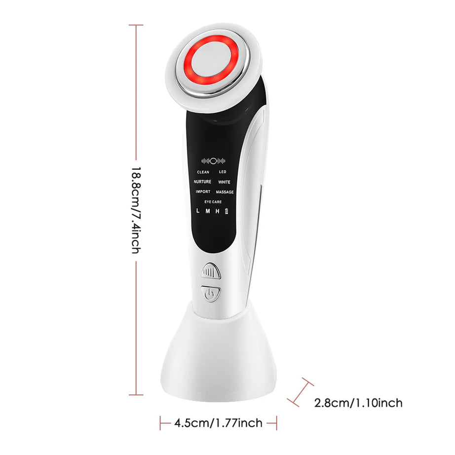 Appareil de massage facial EMS 7 en 1, instrument de beauté pour le visage avec vibrations induites, compresses chaudes et thérapie par la lumière LED.