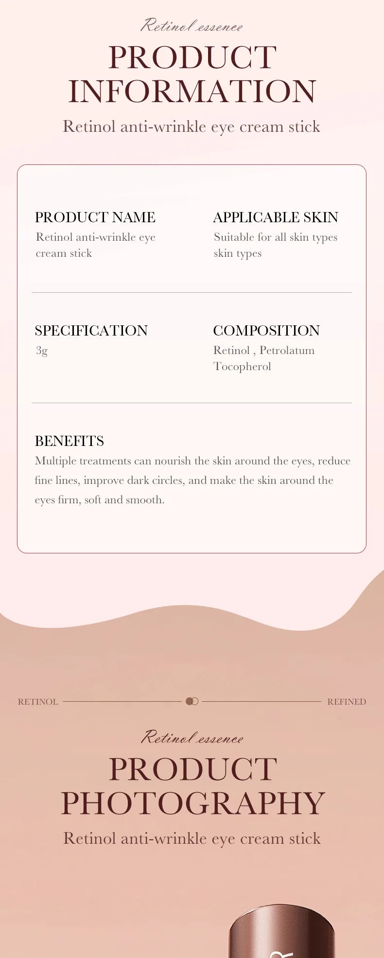 Crema de contorno de ojos con retinol en barra para eliminar ojeras, hidratar, reafirmar e iluminar la piel del contorno de ojos.
