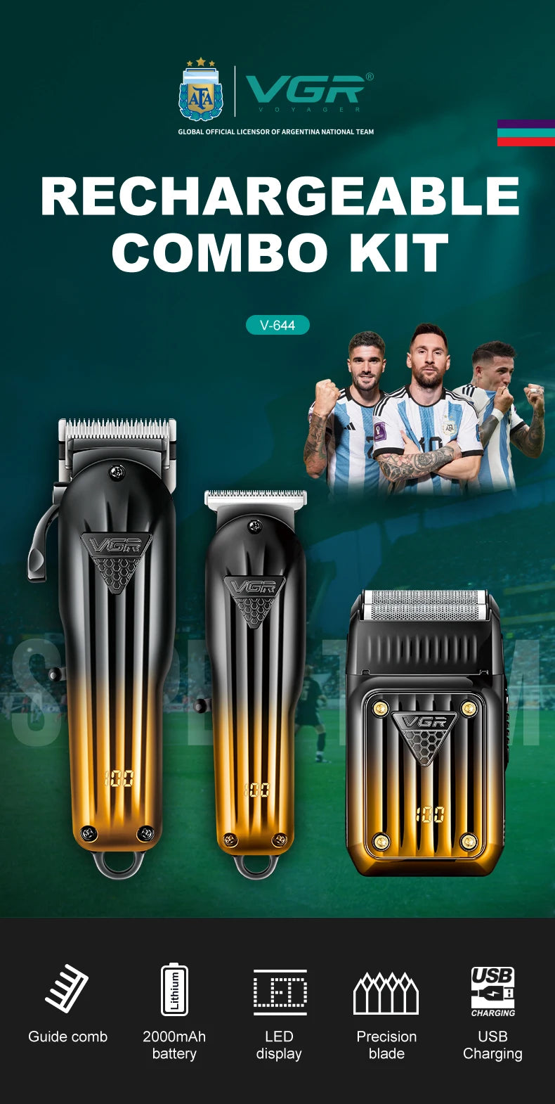Tondeuse à cheveux électrique combinée VGR 644 avec dégradé, rechargeable, professionnelle, pour homme.