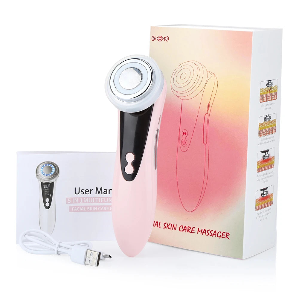 Appareil de massage facial EMS 7 en 1, instrument de beauté pour le visage avec vibrations induites, compresses chaudes et thérapie par la lumière LED.
