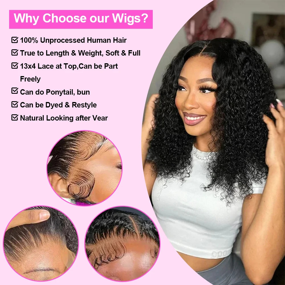 Perruques bouclées au carré, cheveux humains brésiliens, 13x4 Deep Water Wave, perruques frontales en dentelle 5x1 et 13x1 avec raie en T, pour femmes, pré-épilées à 200 %.