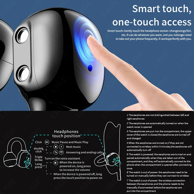 LIGE New Open-back Cip-on Headphones Smart Watch For Men Women 2.01” HD Screen Massive Watch Faces Bluetooth Call Smartwatches