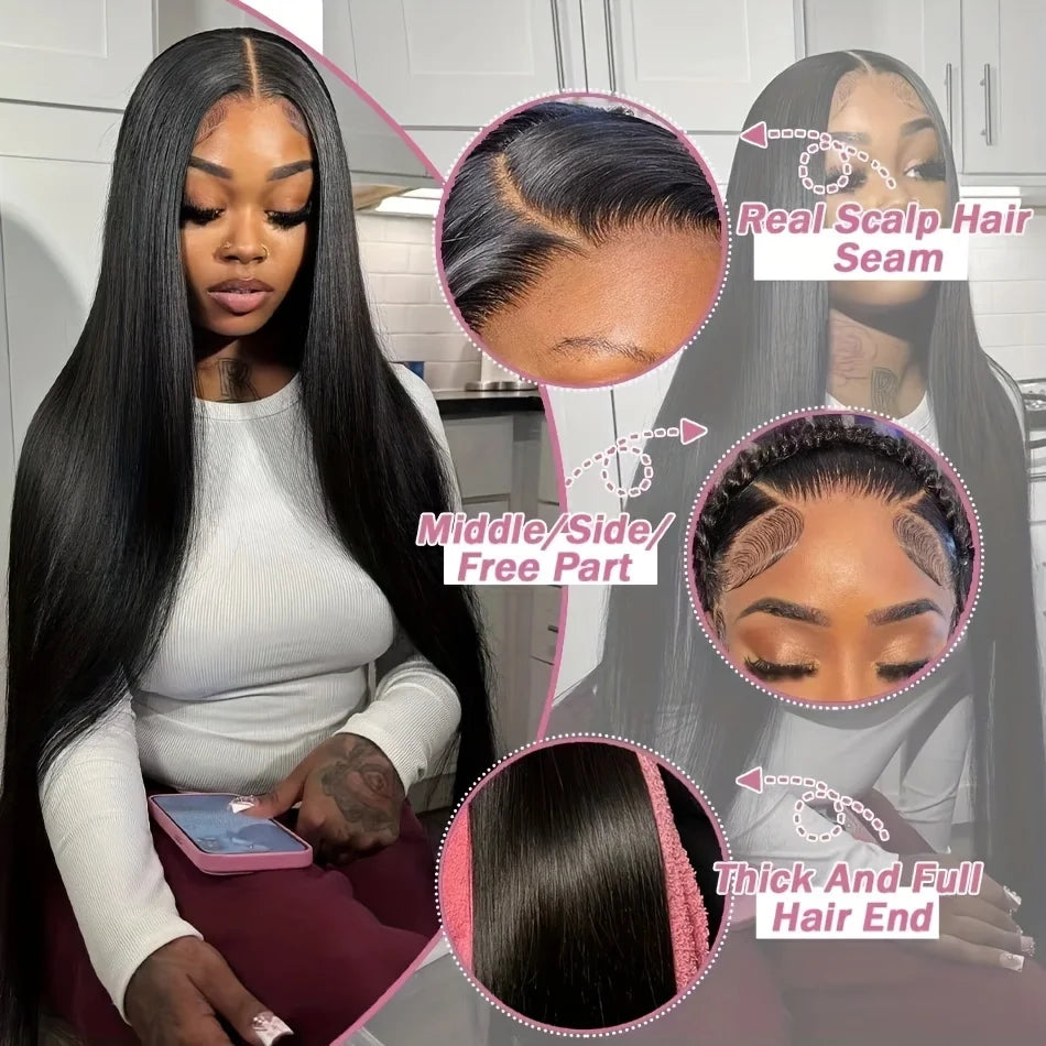 Perruque 30-40 pouces, densité 200, raide comme un os, avec lace frontale HD 13x6 et lace frontale transparente 13x4 pré-épilée, 100 % cheveux humains pour femmes.