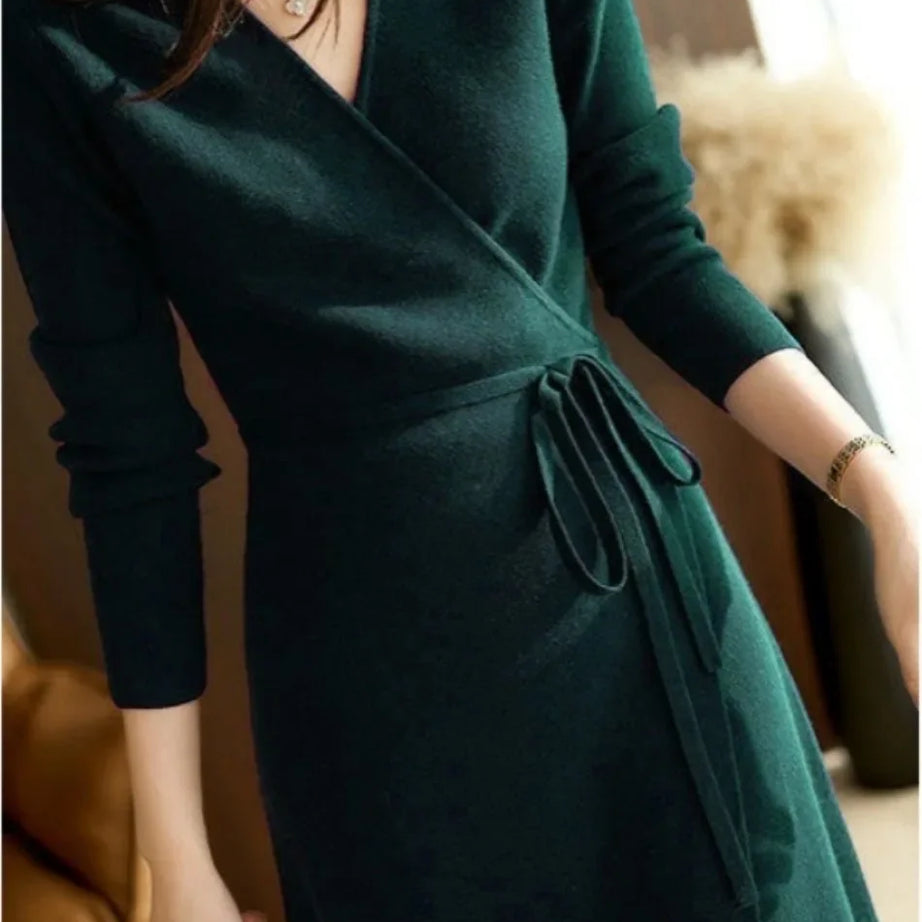 Pull d'automne-hiver pour femme, robe cache-cœur à col V, style coréen, jupe ample et élégante en maille