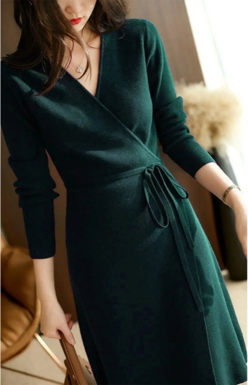 Pull d'automne-hiver pour femme, robe cache-cœur à col V, style coréen, jupe ample et élégante en maille