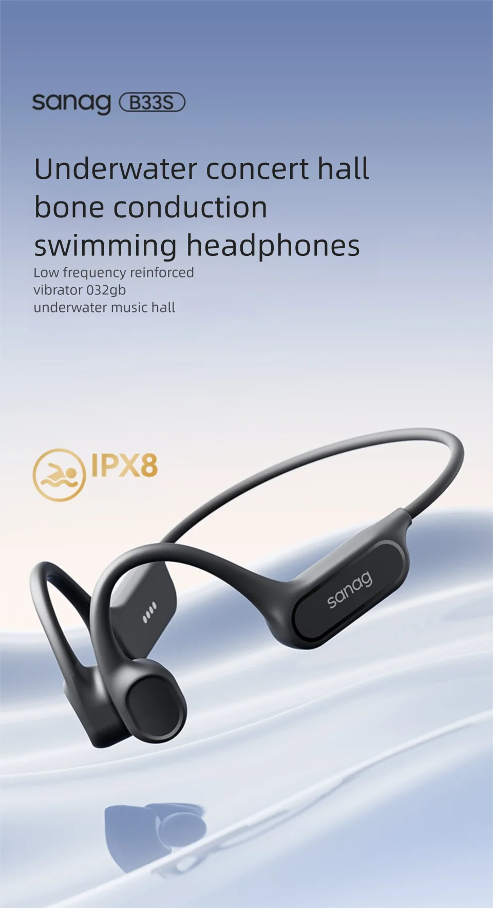 Écouteurs Bluetooth à conduction osseuse Sanag B33S, oreille ouverte, IPX8, pour la natation, mémoire de 32 Go, sans fil, compatibles MP3.