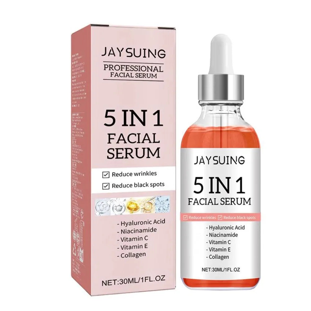 Sérum visage 5 en 1 : Atténue les ridules, raffermit, hydrate et illumine le teint, enrichi en vitamine C et en acide hyaluronique, resserre les pores. Soin de la peau.